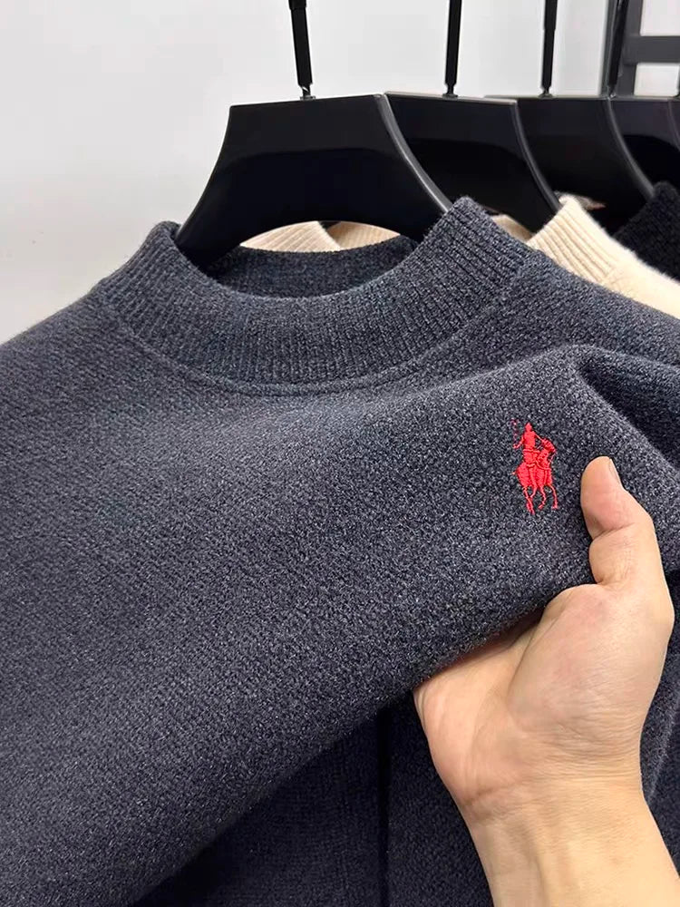 High quality velvet round neck sweater men's casual fashion designer brand exquisite pony embroidery winter warm knit pullover