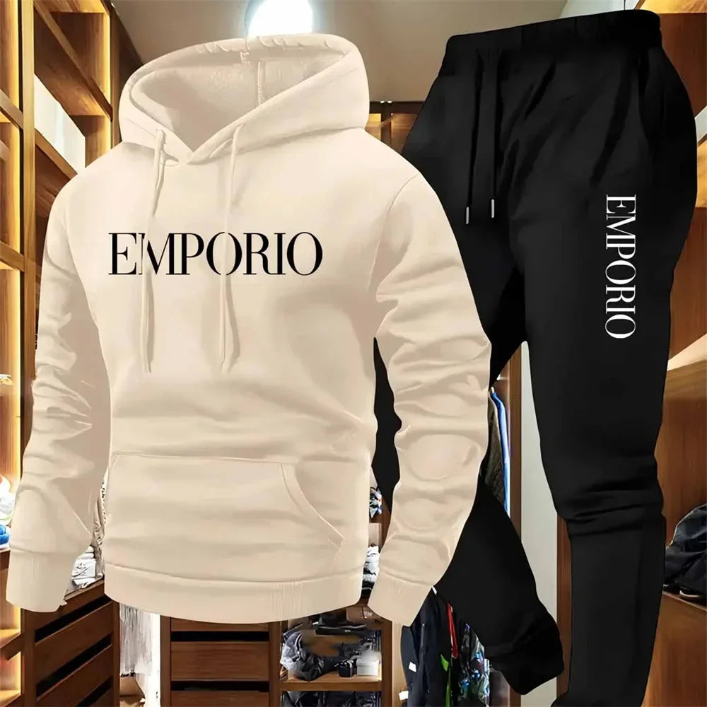 Men's Solid Color Tracksuit Set, Winter Warm Hooded Sweatshirt & Joggers, Casual Streetwear Outfit, Gym Workout Athletic Clothin