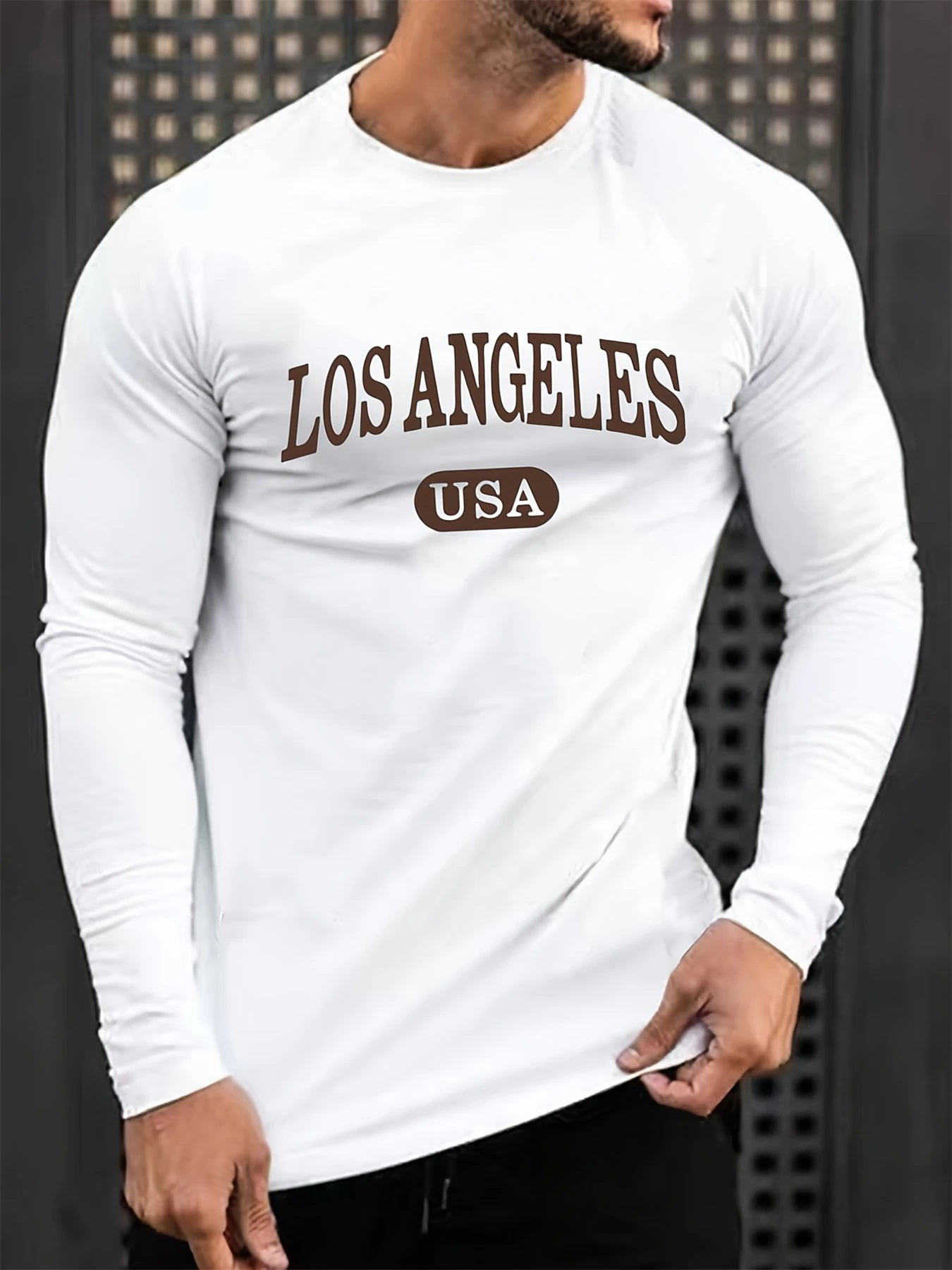 Men's 100% pure cotton loose fit plus size comfortable casual sports Boston letter printed round neck long sleeved T-shirt top
