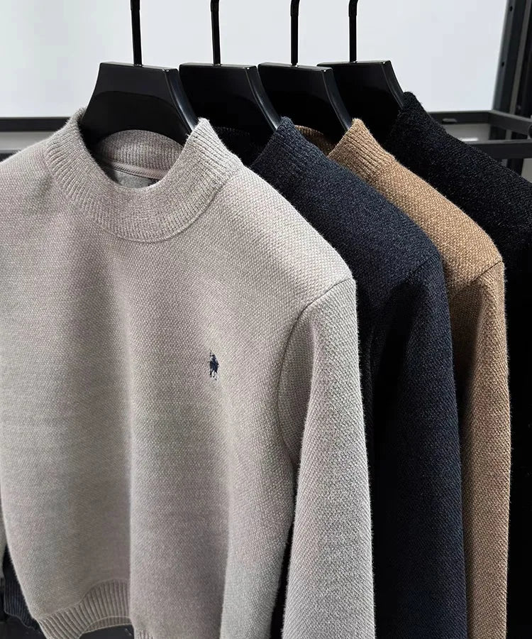 High quality velvet round neck sweater men's casual fashion designer brand exquisite pony embroidery winter warm knit pullover