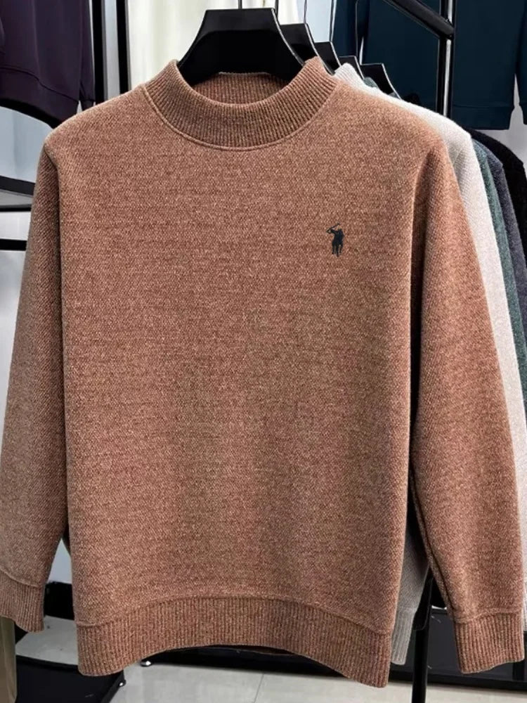Men's high-quality wool sweater paired with exquisite horse riding embroidery, winter warm half neck fashionable knitted sweater