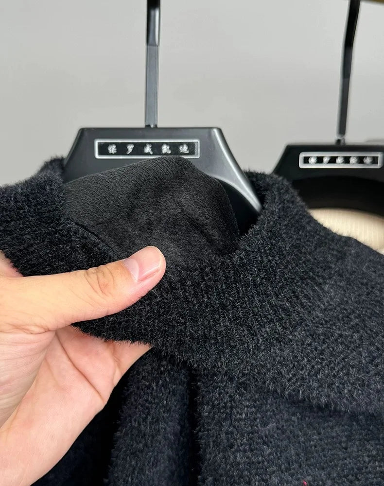 High quality velvet round neck sweater men's casual fashion designer brand exquisite pony embroidery winter warm knit pullover