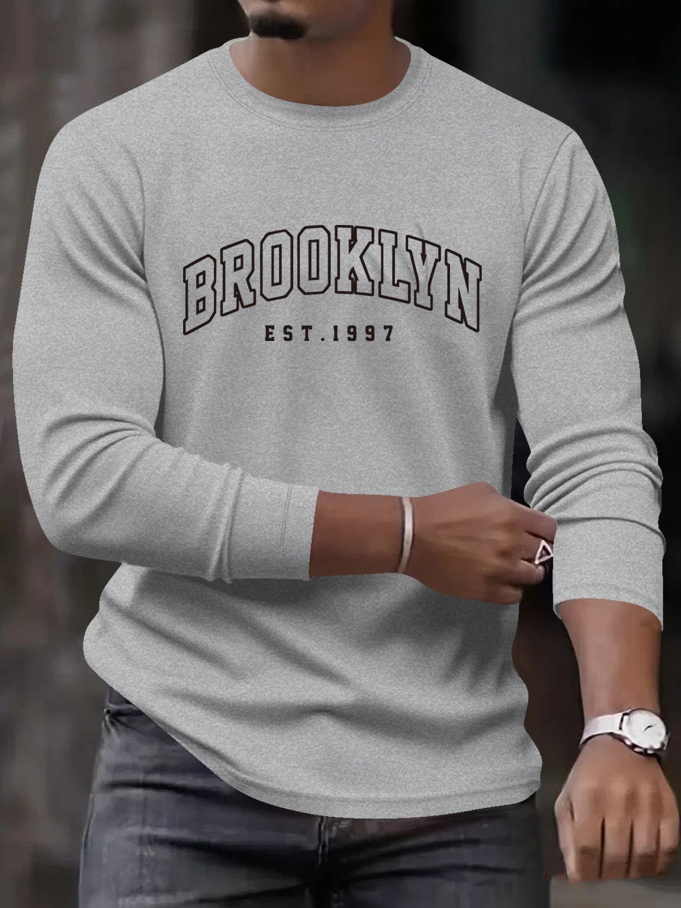 Men's 100% pure cotton loose fit plus size comfortable casual sports Boston letter printed round neck long sleeved T-shirt top