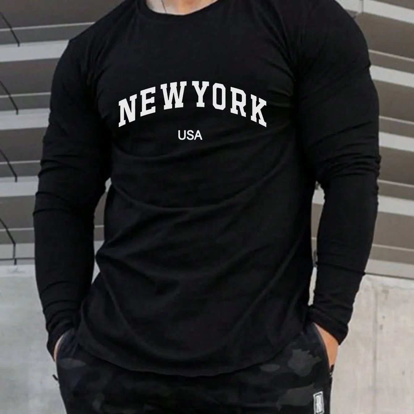 Men's 100% pure cotton loose fit plus size comfortable casual sports Boston letter printed round neck long sleeved T-shirt top