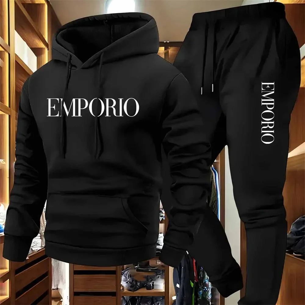 Men's Solid Color Tracksuit Set, Winter Warm Hooded Sweatshirt & Joggers, Casual Streetwear Outfit, Gym Workout Athletic Clothin