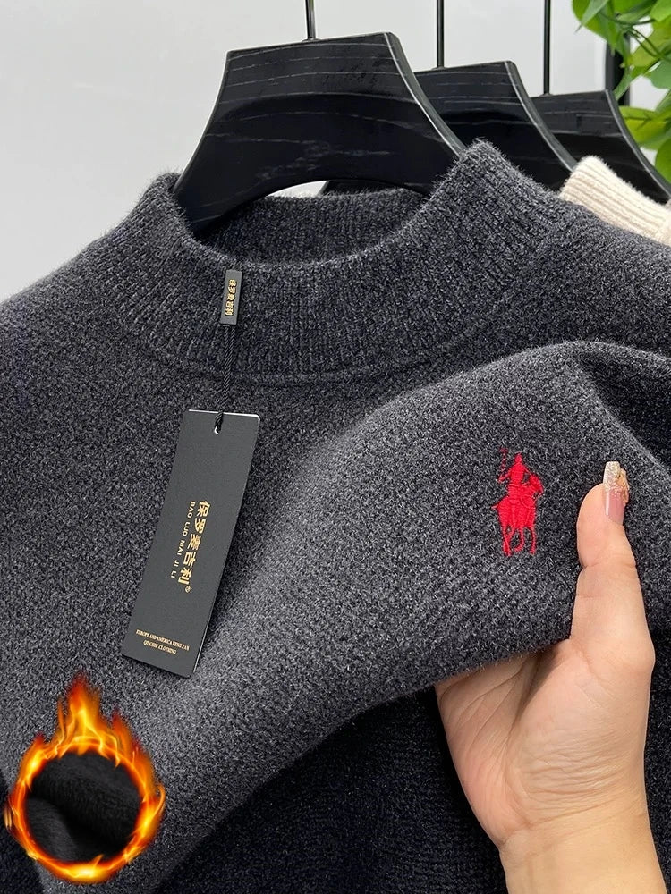 High quality velvet round neck sweater men's casual fashion designer brand exquisite pony embroidery winter warm knit pullover