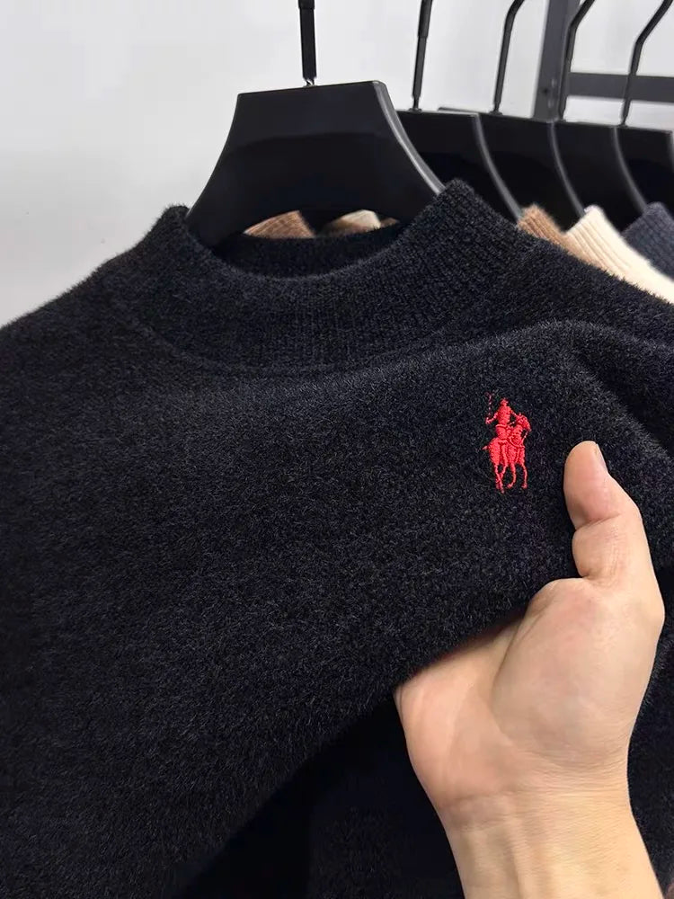 High quality velvet round neck sweater men's casual fashion designer brand exquisite pony embroidery winter warm knit pullover