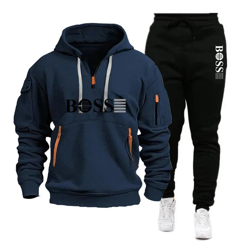 Men's Autumn and Winter Sports Sweatshirts and Sports Pants, Outdoor Jogging Windproof Semi-zipper Comfortable Sports Suits