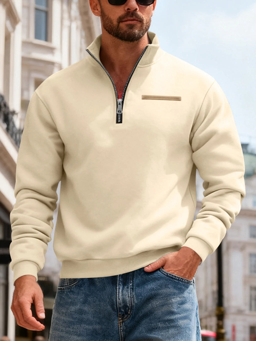 Men's Fleece Long-Sleeved Sweatshirt American Autumn Winter Half-Zip Loose Stand-Up Collar Pullover Comfortable Men's Sweatshirt