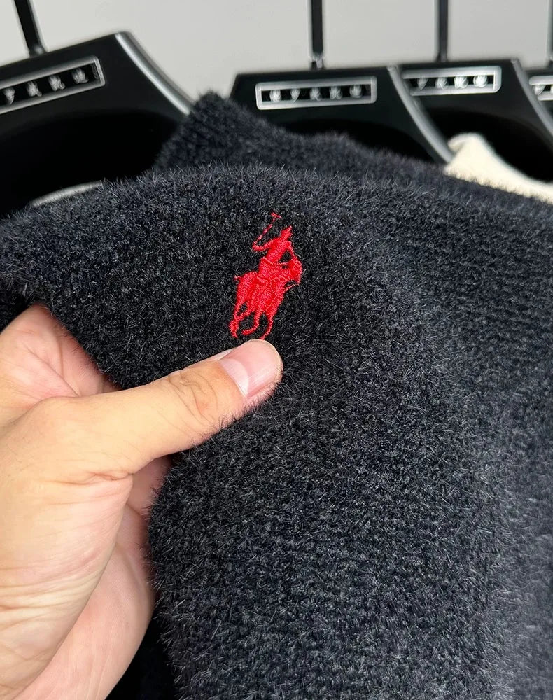 High quality velvet round neck sweater men's casual fashion designer brand exquisite pony embroidery winter warm knit pullover