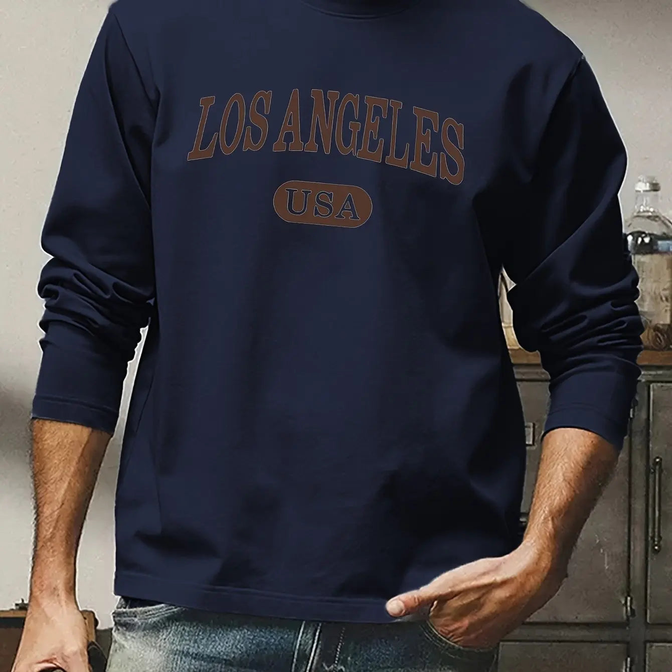 Men's 100% pure cotton loose fit plus size comfortable casual sports Boston letter printed round neck long sleeved T-shirt top