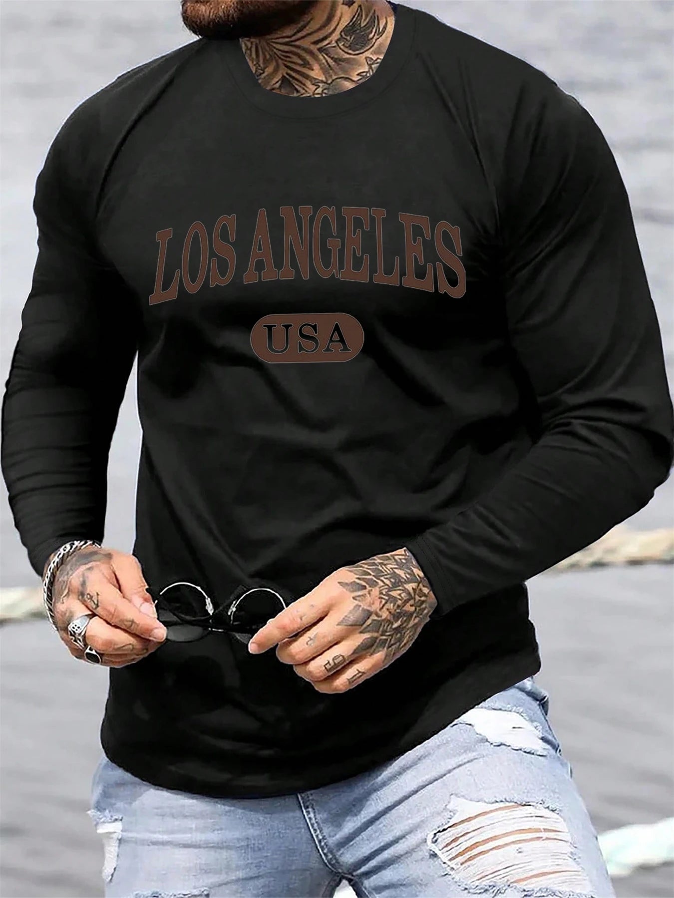 Men's 100% pure cotton loose fit plus size comfortable casual sports Boston letter printed round neck long sleeved T-shirt top