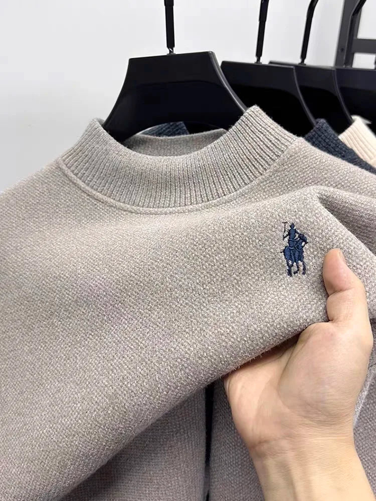High quality velvet round neck sweater men's casual fashion designer brand exquisite pony embroidery winter warm knit pullover