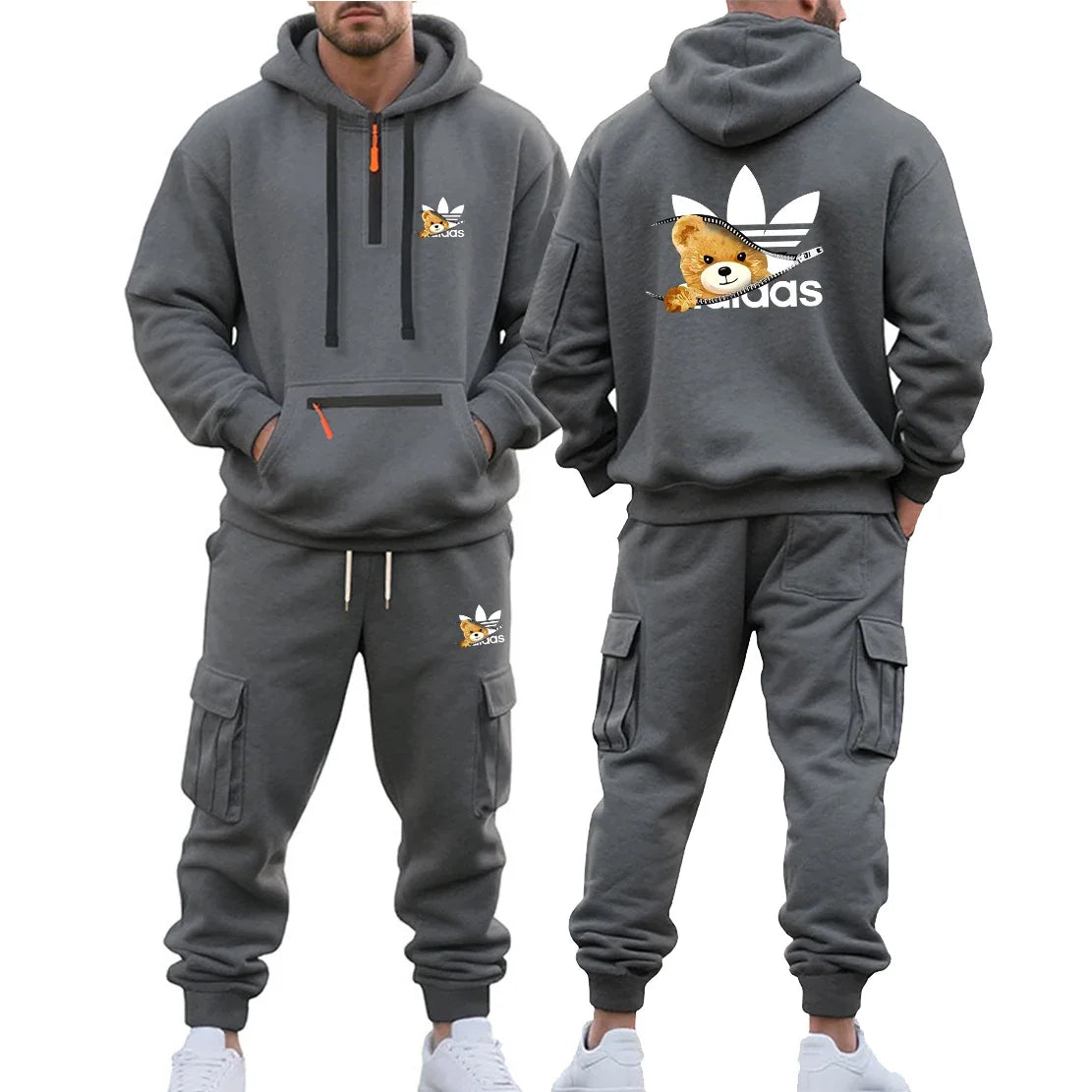 Autumn and Winter Printed New Men's Velvet Hoodie, Work Clothes, Pants Set, Sports Fashion, Leisure Multi Pocket 2-piece Set