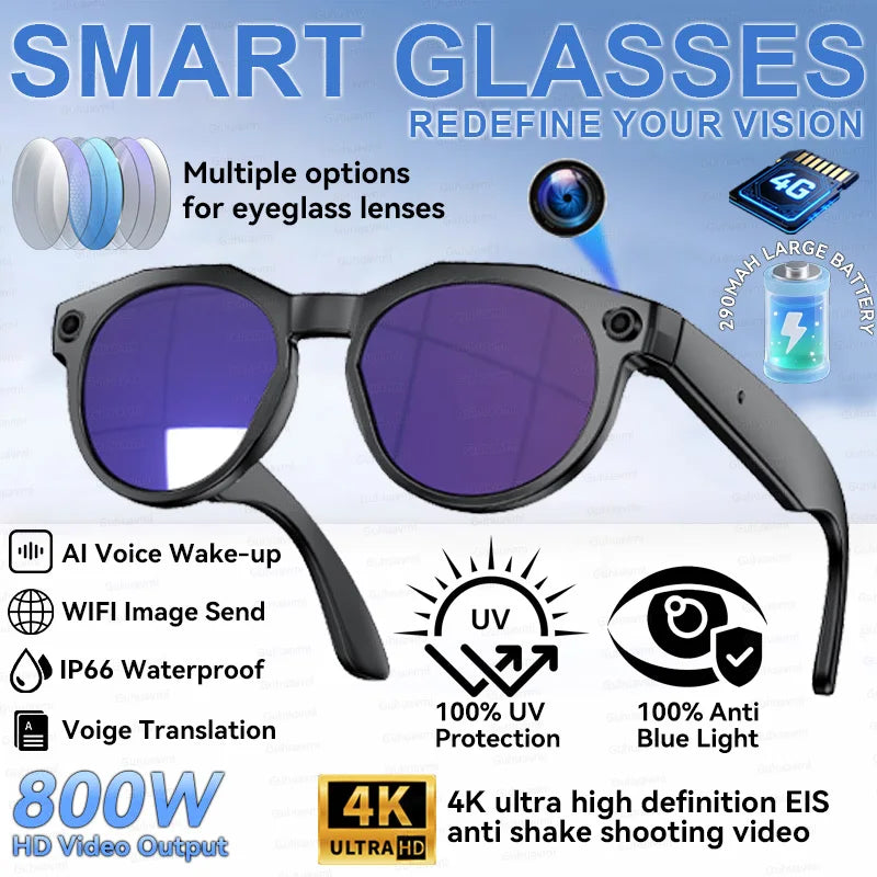 New Upgrade Brand Smart Glasses 800W Camera HD Video Recording AI Photo Recognition Bluetooth Call Translation Voice Sunglasses