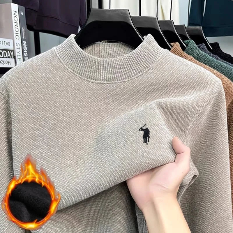 Men's high-quality wool sweater paired with exquisite horse riding embroidery, winter warm half neck fashionable knitted sweater