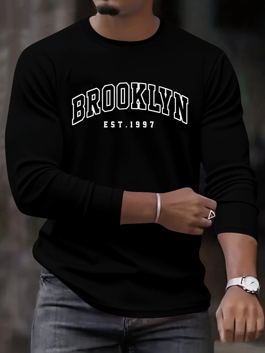 Men's 100% pure cotton loose fit plus size comfortable casual sports Boston letter printed round neck long sleeved T-shirt top