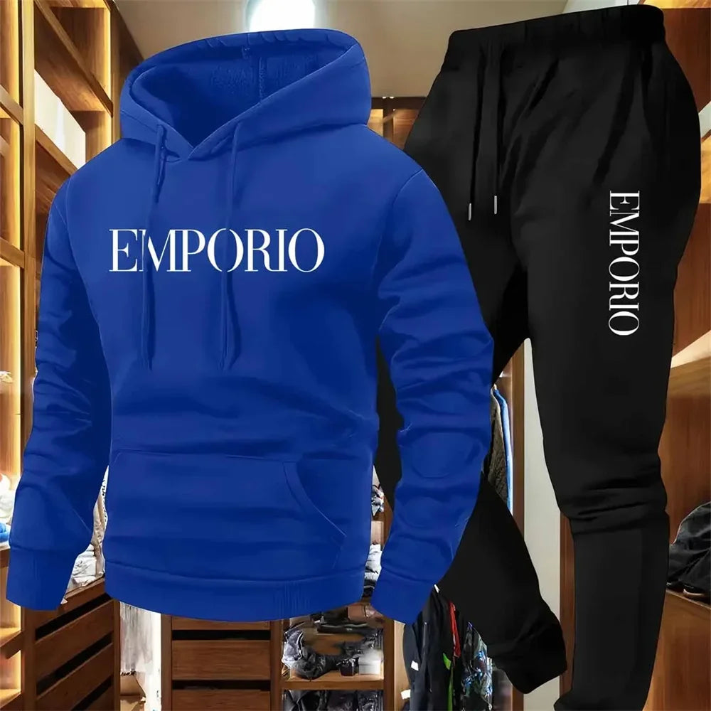 Men's Solid Color Tracksuit Set, Winter Warm Hooded Sweatshirt & Joggers, Casual Streetwear Outfit, Gym Workout Athletic Clothin