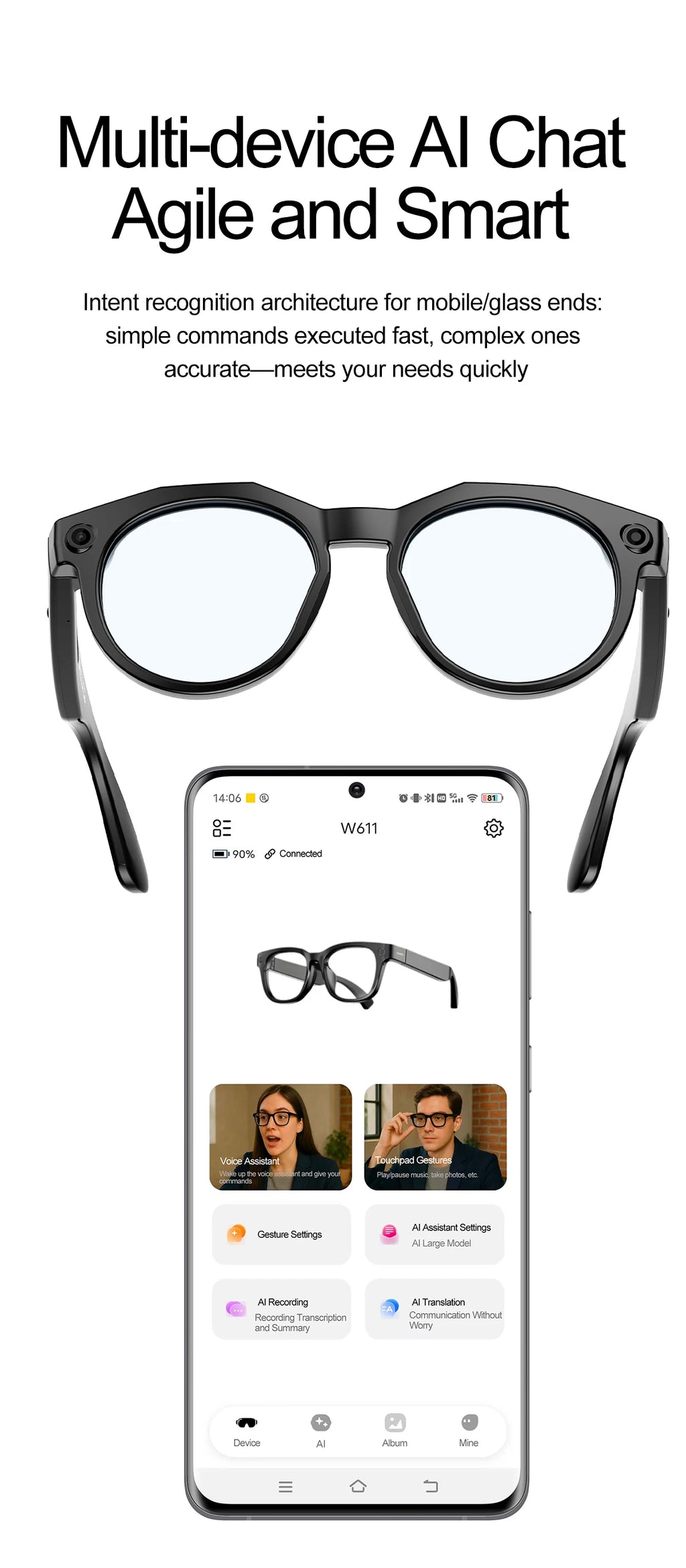 New Upgrade Brand Smart Glasses 800W Camera HD Video Recording AI Photo Recognition Bluetooth Call Translation Voice Sunglasses