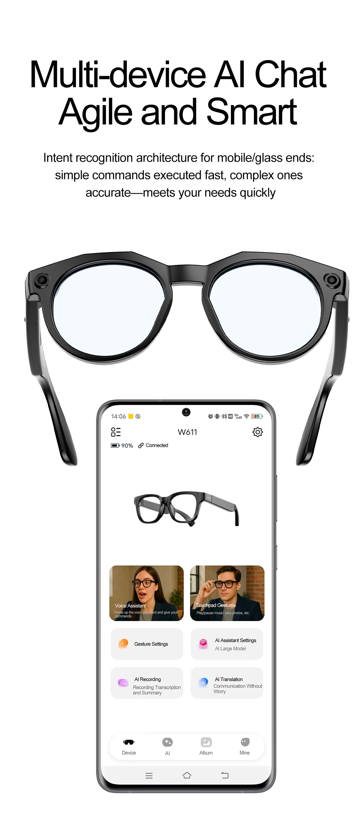 New Upgrade Brand Smart Glasses 800W Camera HD Video Recording AI Photo Recognition Bluetooth Call Translation Voice Sunglasses