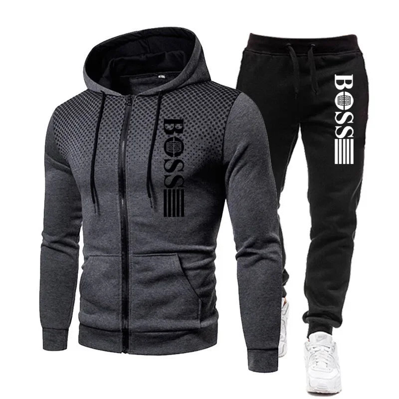 2025 New Men's zippered hoodie + Casual Pants Set for Autumn and Winter fashion Fitness and Warm sportswear Two-piece set