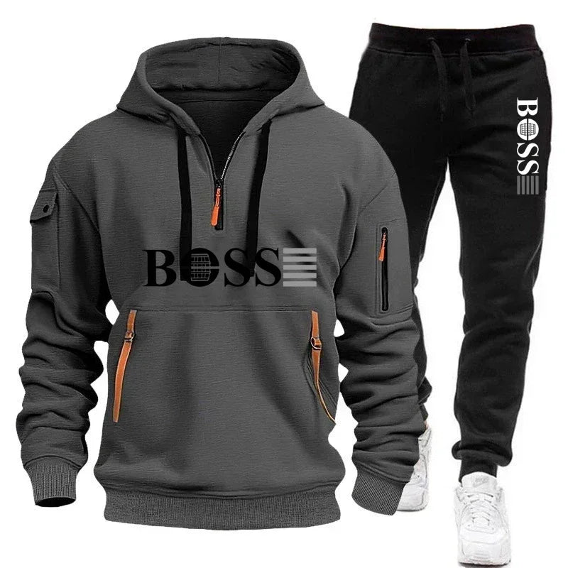 Men's Autumn and Winter Sports Sweatshirts and Sports Pants, Outdoor Jogging Windproof Semi-zipper Comfortable Sports Suits