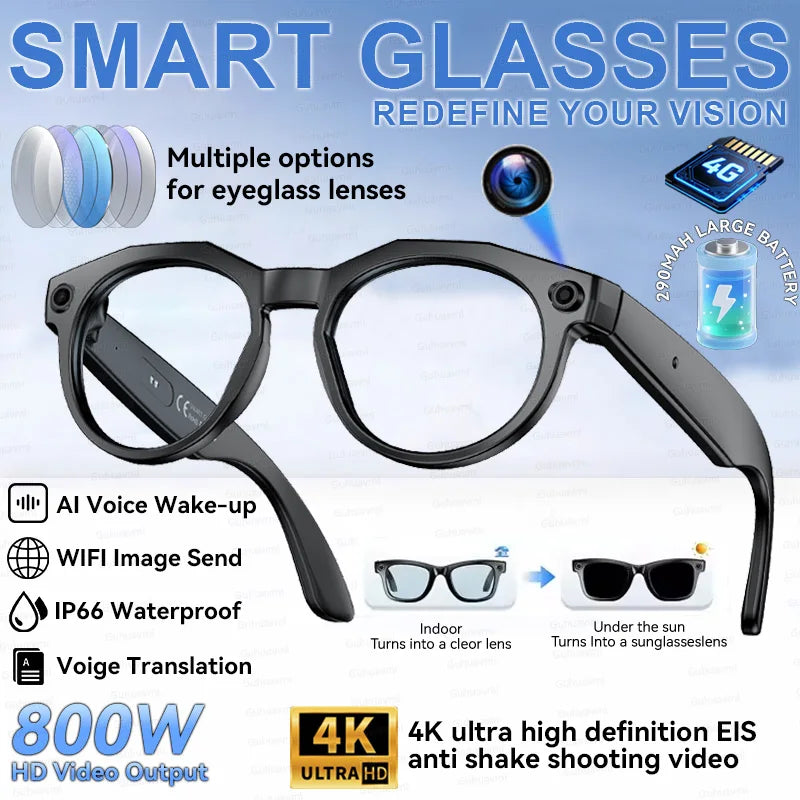 New Upgrade Brand Smart Glasses 800W Camera HD Video Recording AI Photo Recognition Bluetooth Call Translation Voice Sunglasses