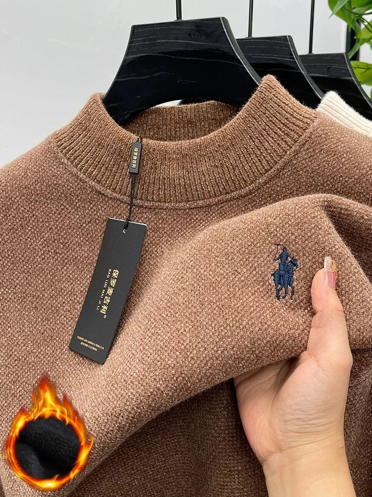 High quality velvet round neck sweater men's casual fashion designer brand exquisite pony embroidery winter warm knit pullover