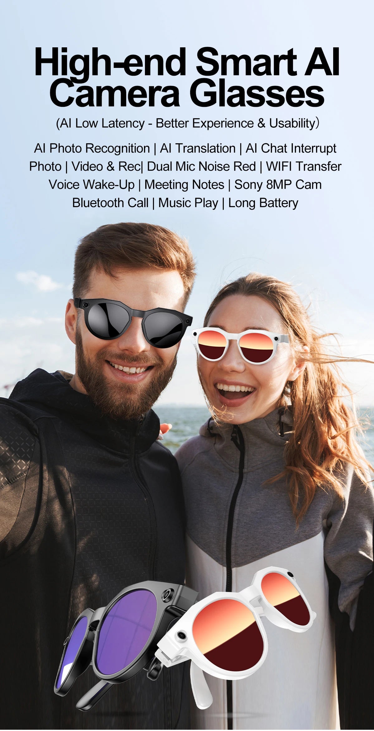 New Upgrade Brand Smart Glasses 800W Camera HD Video Recording AI Photo Recognition Bluetooth Call Translation Voice Sunglasses