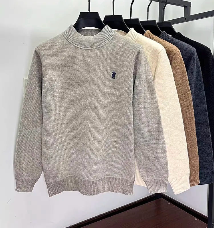 High quality velvet round neck sweater men's casual fashion designer brand exquisite pony embroidery winter warm knit pullover