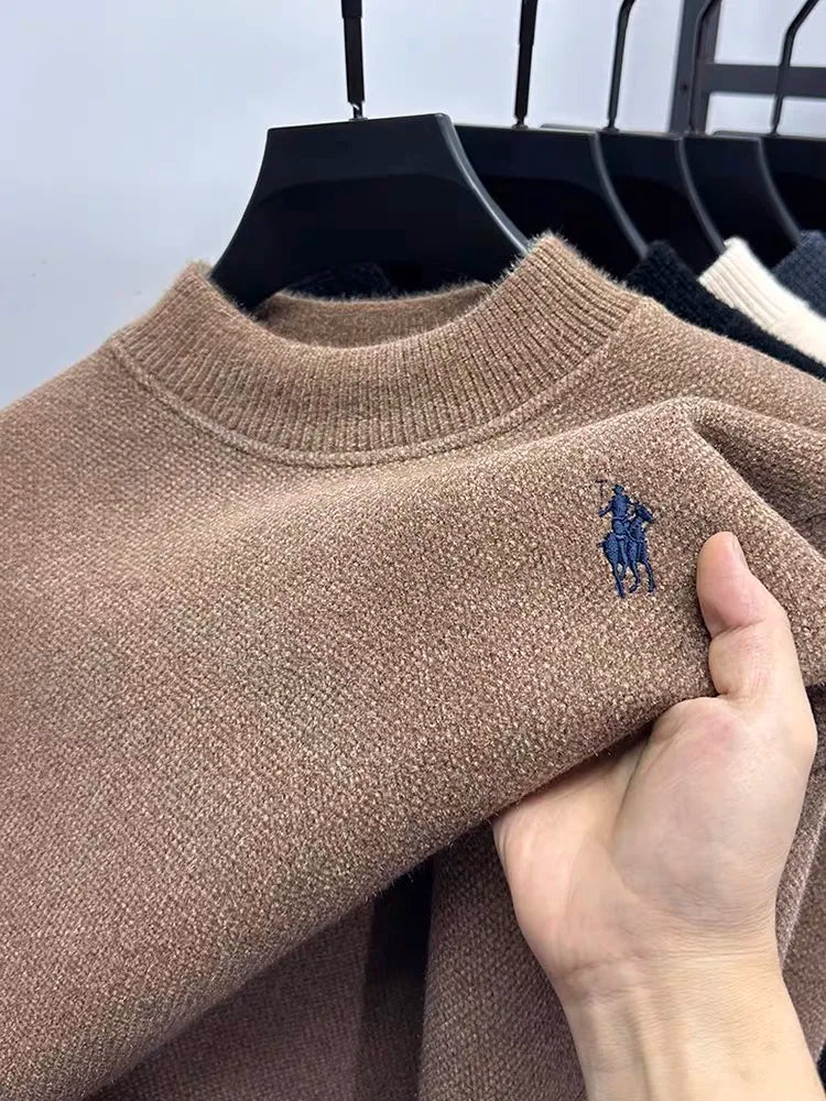 High quality velvet round neck sweater men's casual fashion designer brand exquisite pony embroidery winter warm knit pullover