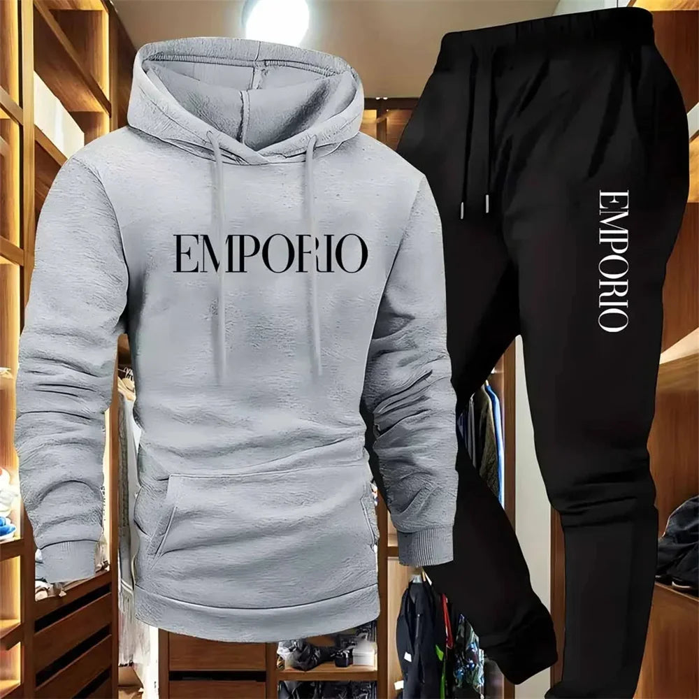 Men's Solid Color Tracksuit Set, Winter Warm Hooded Sweatshirt & Joggers, Casual Streetwear Outfit, Gym Workout Athletic Clothin
