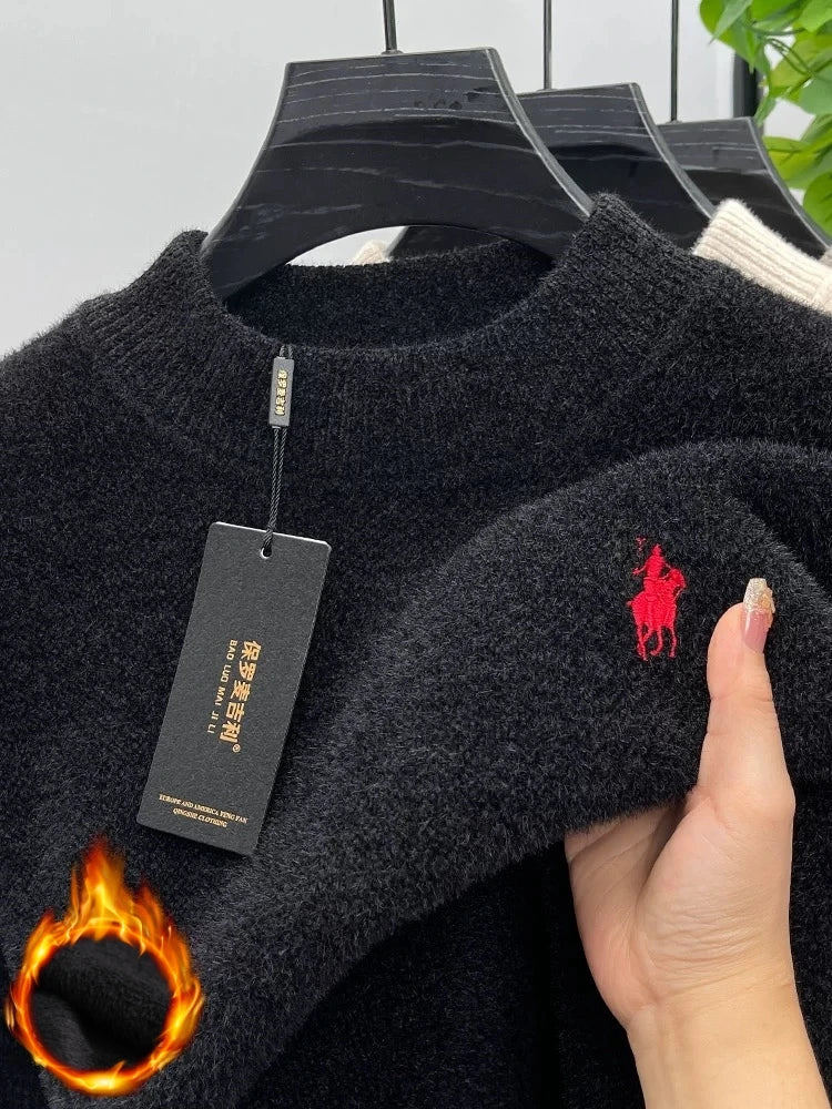 High quality velvet round neck sweater men's casual fashion designer brand exquisite pony embroidery winter warm knit pullover