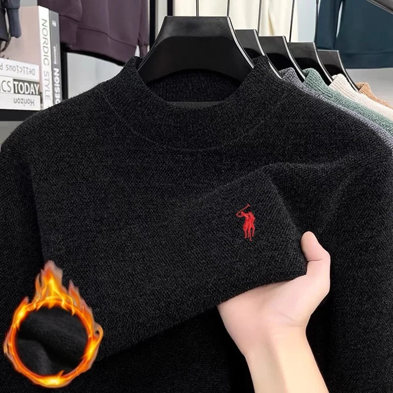 Men's high-quality wool sweater paired with exquisite horse riding embroidery, winter warm half neck fashionable knitted sweater